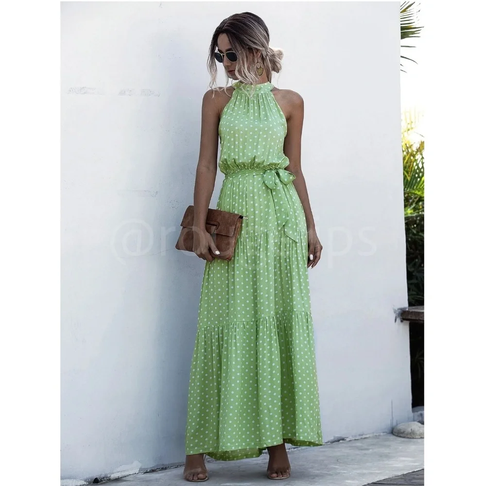Polka Dot Print Maxi Dress Tie Belt High Neck White Green Long Flared Halter - Picture 3 of 13